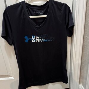 Under Armour Black V-Neck Logo Performance Tee with Blue Accent-Women’s Small